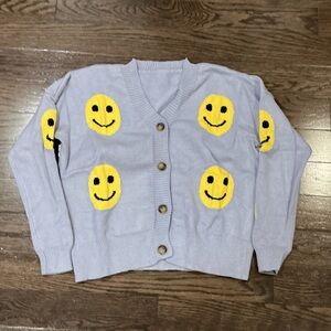 Smiley Face Button-Up Sweater - Gray and Yellow